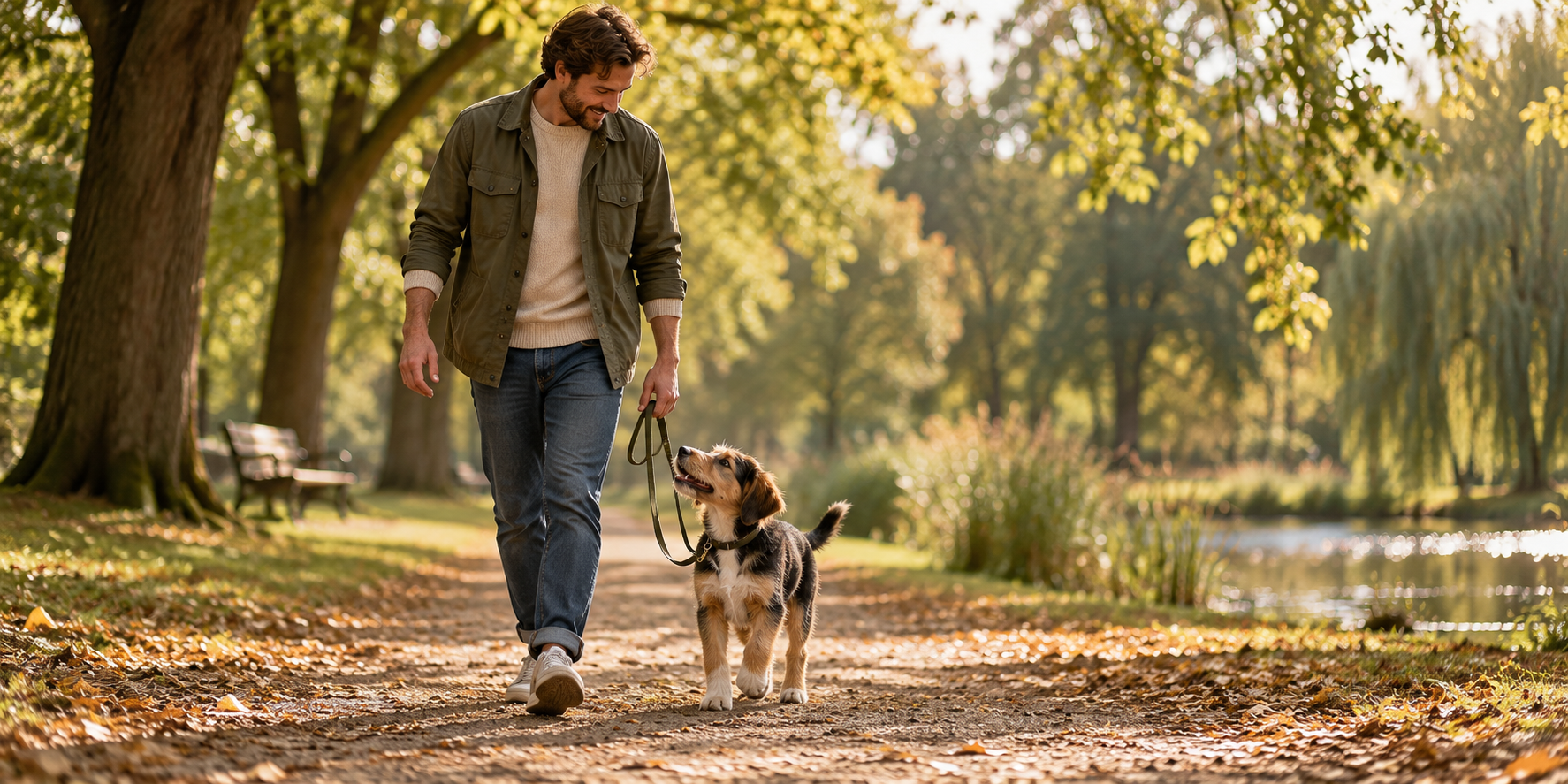 Mann geht entspannt mit seinem Hund an lockerer Leine bei Fuß durch einen herbstlichen Park