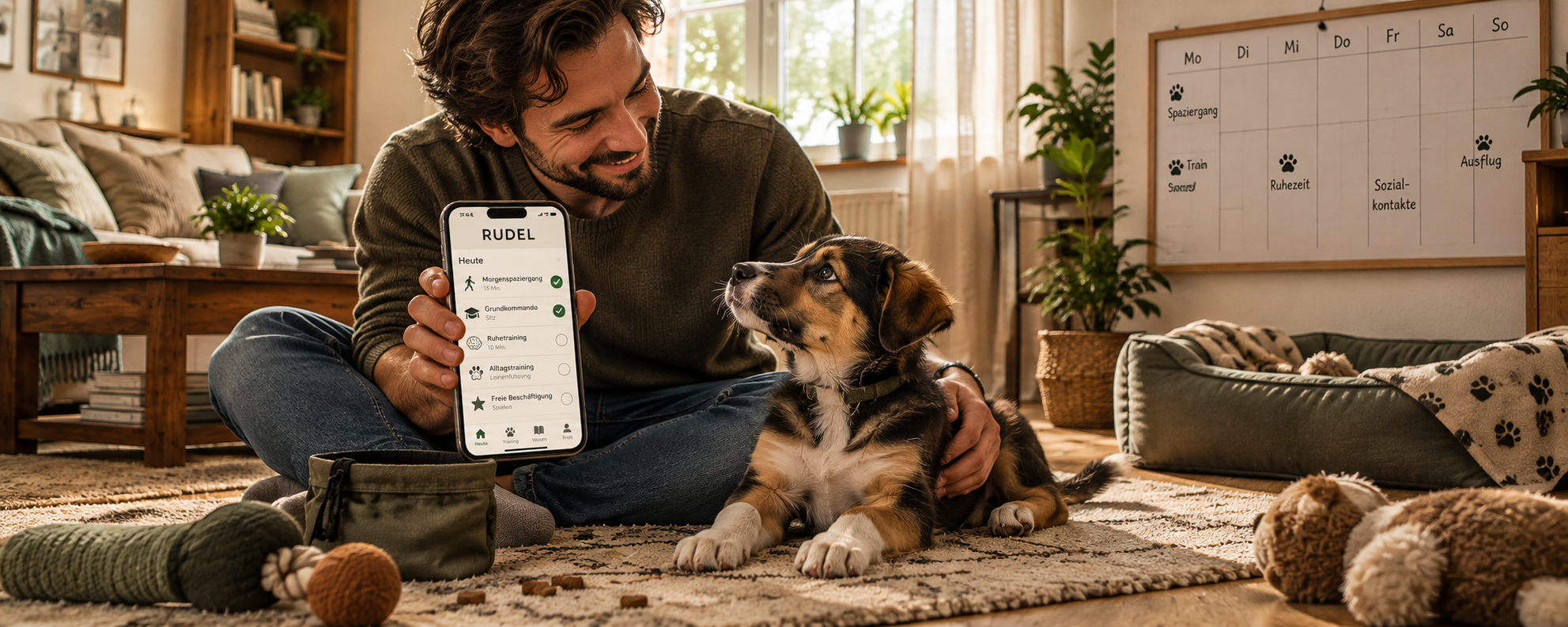 Mann zeigt seinem Welpen sein Smartphone mit der RUDEL App, im Hintergrund ein Wochenplan an der Wand