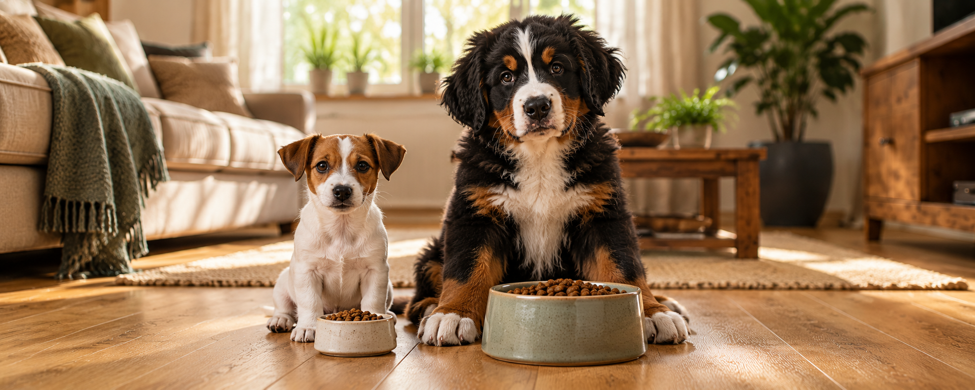 Kleiner Welpe und erwachsener Berner Sennenhund sitzen nebeneinander im Wohnzimmer