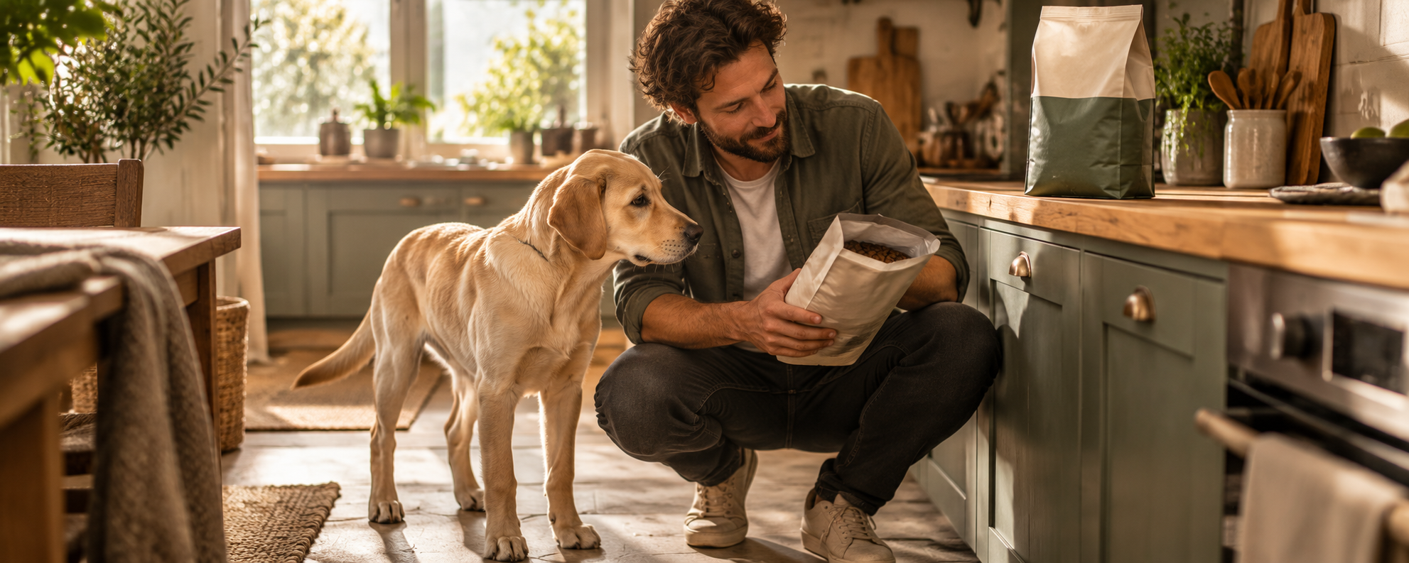 Mann kniet in der Küche und hält seinem Hund eine Tüte Futter hin, der Hund schnuppert daran