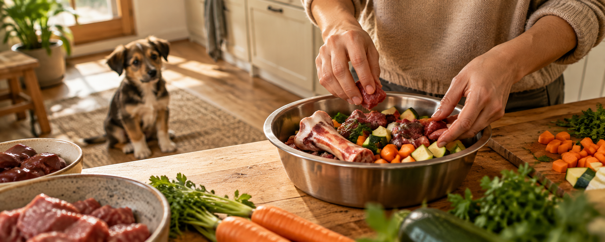 Person mischt rohes Fleisch, Knochen und Gemüse in einer Schüssel, ein Welpe beobachtet von der Seite