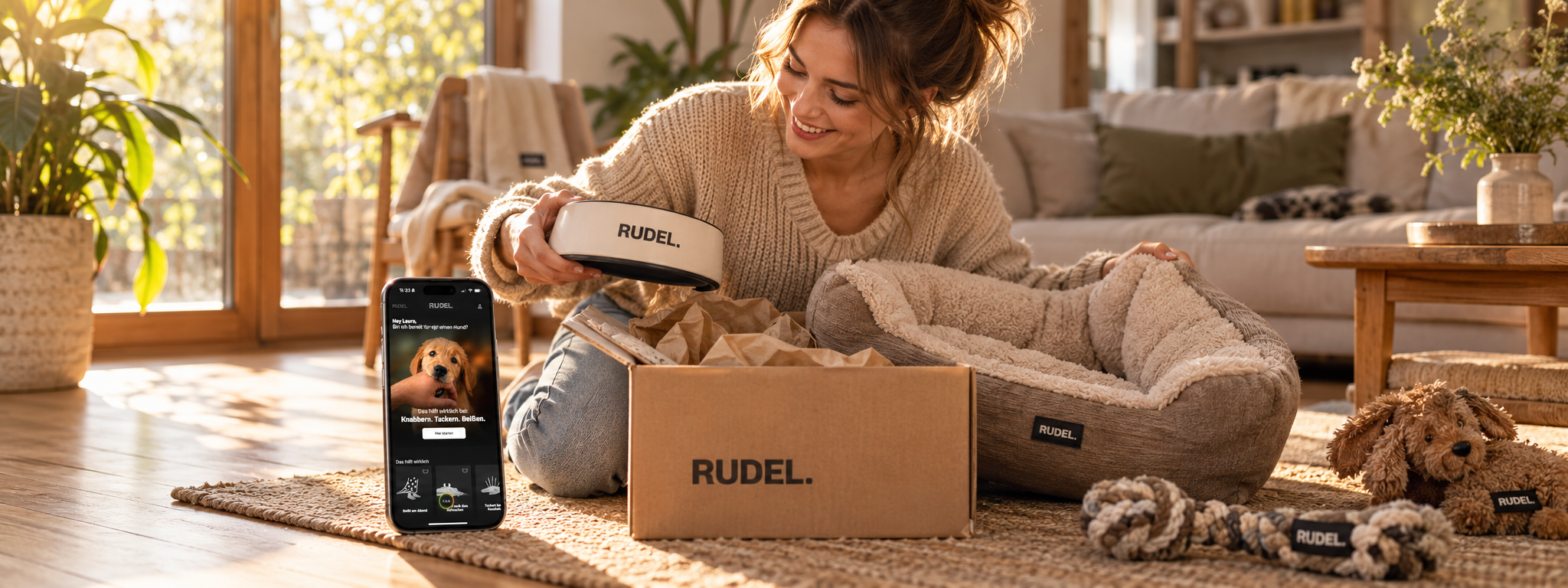 Eine Frau kniet lächelnd im sonnigen Wohnzimmer und packt einen RUDEL-Karton mit Hundebett, Napf und Spielzeug aus, daneben steht ein Smartphone mit der RUDEL App