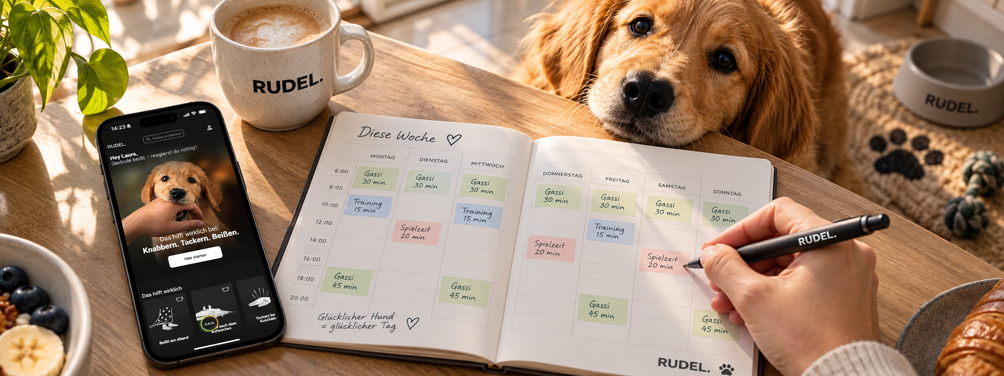 Eine Hand trägt am gedeckten Frühstückstisch feste Zeitblöcke für Gassigehen, Spielen und Training in einen Wochenplaner ein, daneben liegt ein Smartphone mit der RUDEL App und ein Hund legt den Kopf auf den Tisch