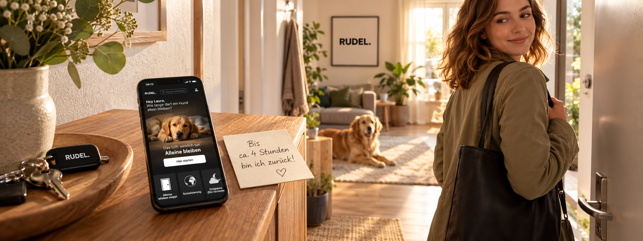 Eine Frau blickt beim Verlassen der Wohnung lächelnd zurück, auf dem Flurtisch liegt ein Zettel mit der Rückkehrzeit neben einem Smartphone mit der RUDEL App, im Hintergrund liegt ein Hund entspannt im hellen Wohnzimmer