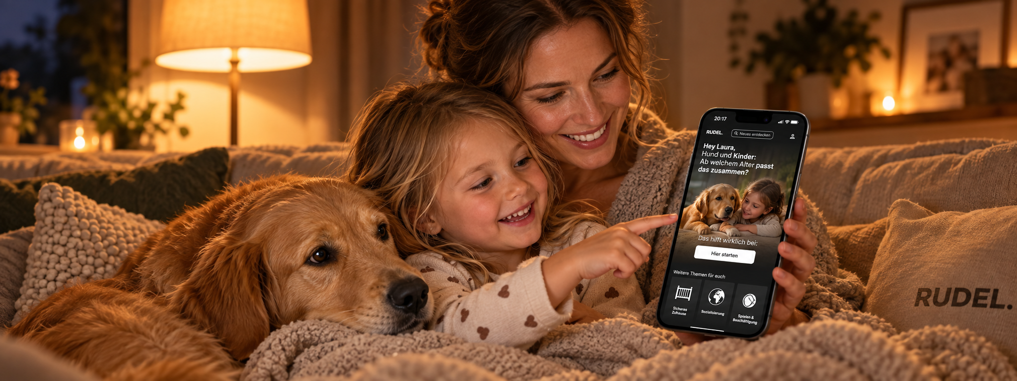 Eine Mutter und ihre kleine Tochter kuscheln abends im warmen Lampenlicht auf dem Sofa mit einem Golden Retriever und schauen gemeinsam auf ein Smartphone mit der RUDEL App