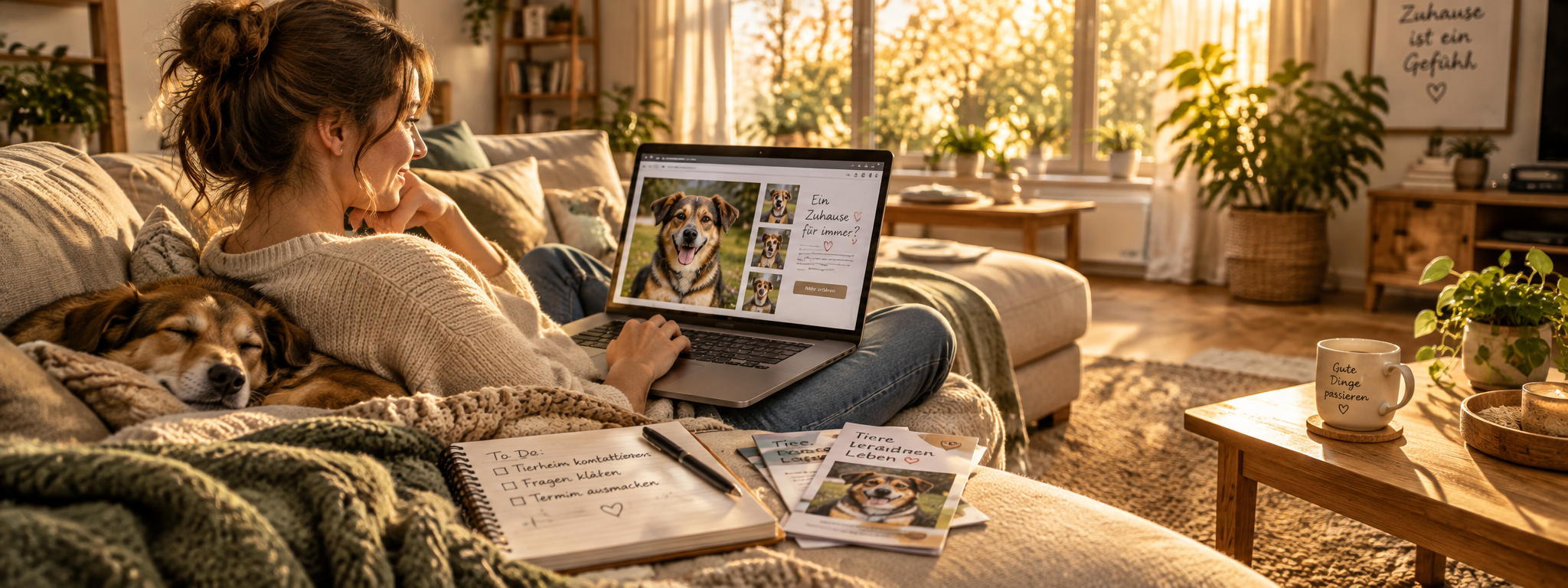 Eine Frau sitzt entspannt auf dem Sofa neben einem bereits ruhig liegenden Hund und recherchiert am Laptop eine Vermittlungsseite für Tierschutzhunde aus dem Ausland