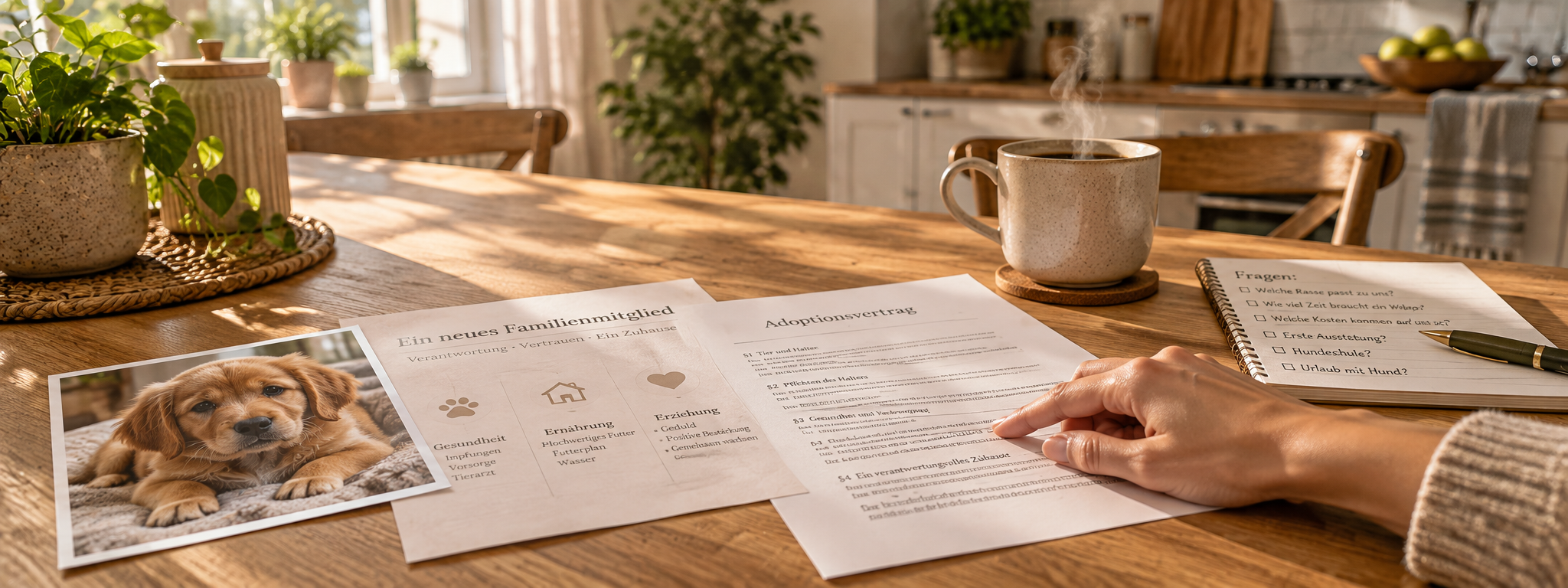 Eine Hand liegt auf einem ausgebreiteten Adoptions- beziehungsweise Ahnentafel-Dokument neben einem Welpenfoto und einer dampfenden Tasse Kaffee auf einem hellen Küchentisch