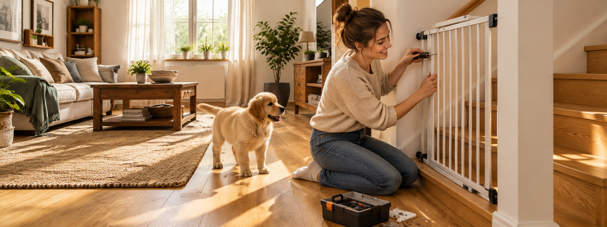 Eine Frau montiert lächelnd ein weißes Schutzgitter vor einer Treppe im hellen Wohnzimmer, während ein Welpe neugierig neben ihr steht und ein Werkzeugkasten auf dem Boden bereitsteht