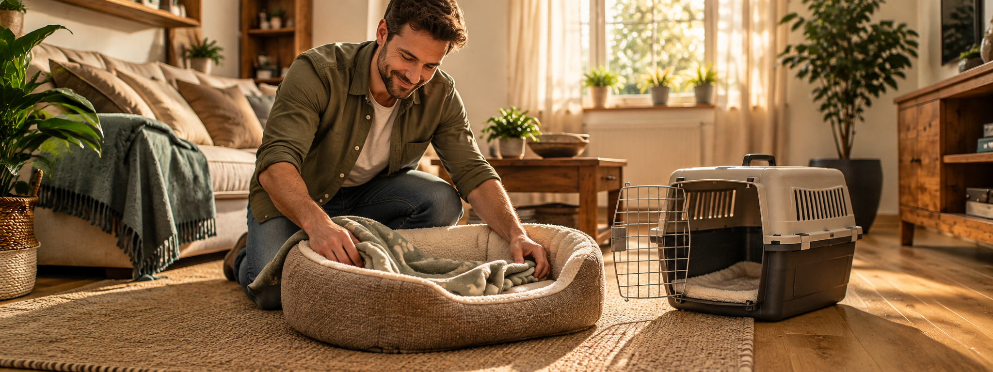 Ein Mann kniet lächelnd im sonnigen Wohnzimmer und richtet ein weiches Hundekörbchen mit Decke her, direkt daneben steht eine offene Transportbox bereit