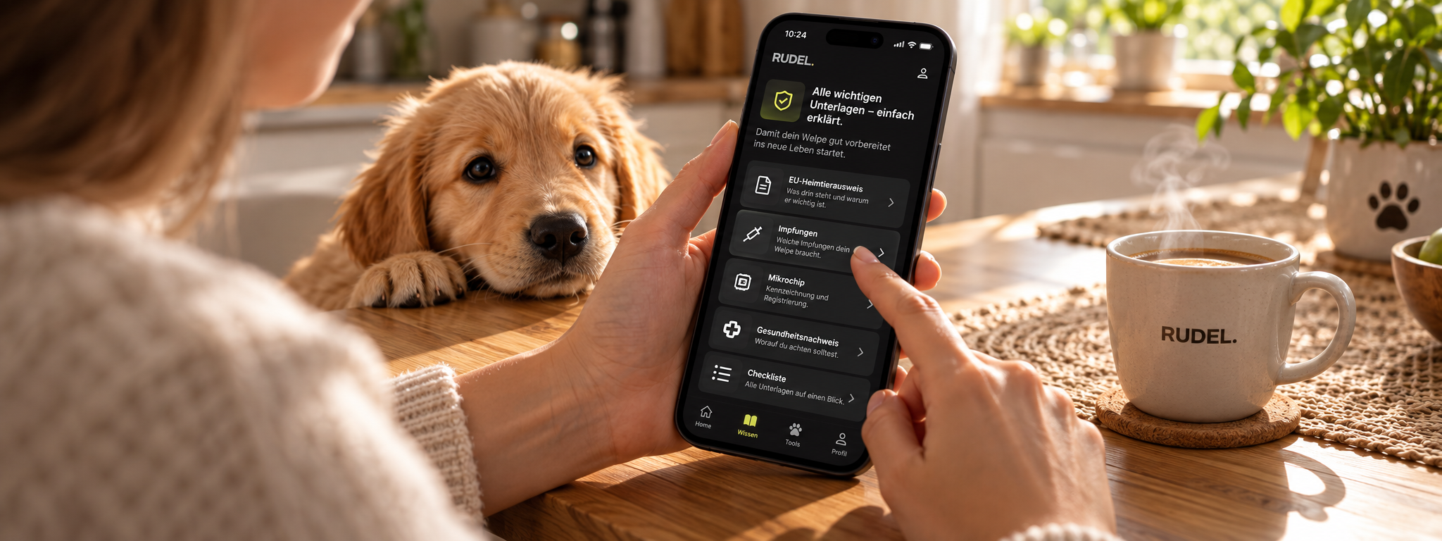 Eine Frau hält ihr Smartphone mit der Meldung 'Alle wichtigen Unterlagen – einfach erledigt' in der RUDEL App, während ein Welpe neben ihrem Kaffee auf dem Küchentisch liegt