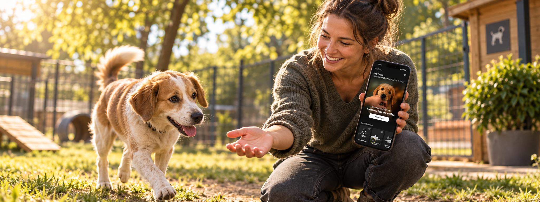 Eine Frau kniet lächelnd auf dem Tierheim-Freigelände und hält ihr Smartphone mit dem Profil des Hundes in der RUDEL App in der Hand, während der Hund freudig auf sie zuläuft