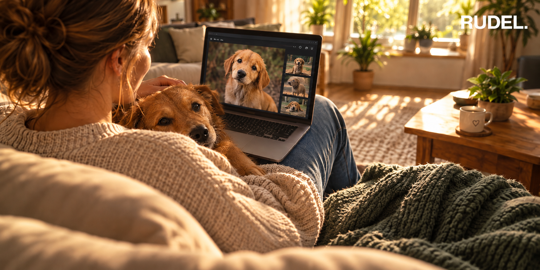 Eine Frau sitzt entspannt auf dem Sofa, streichelt einen bereits neben ihr liegenden Hund und schaut auf ihrem Laptop Fotos und Profile von Tierschutzhunden an