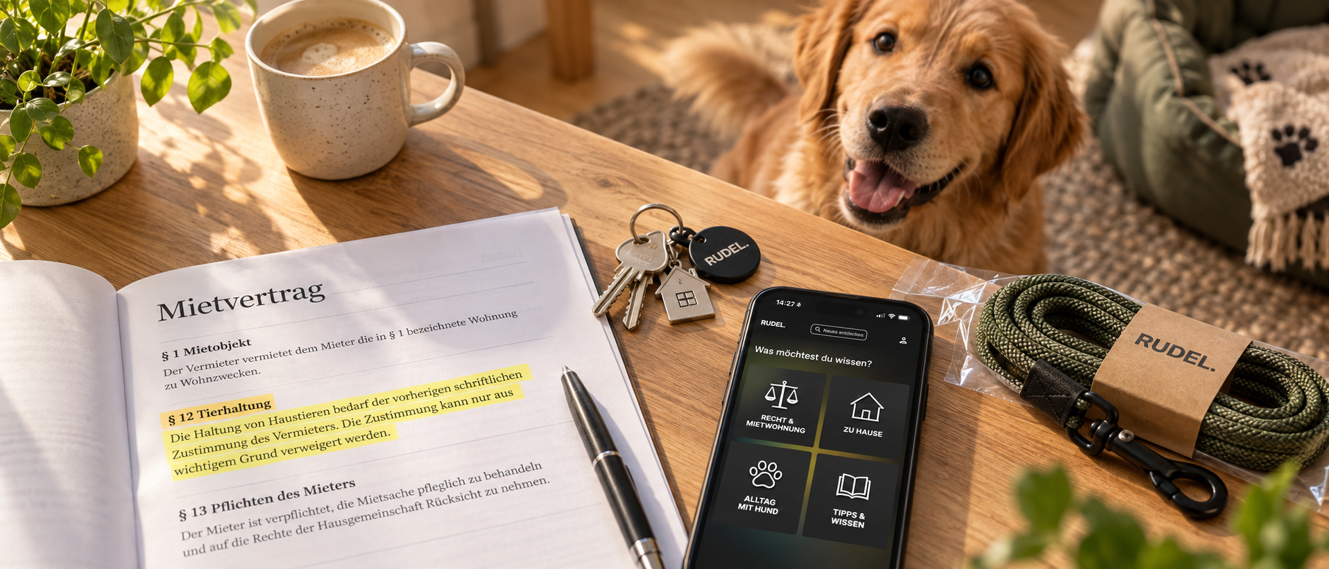 Ein aufgeschlagener Mietvertrag mit gelb markiertem Paragraf zur Tierhaltung liegt neben einem Smartphone mit der RUDEL App, einem Schlüsselbund und einer originalverpackten Leine, während ein Hund neugierig zusieht