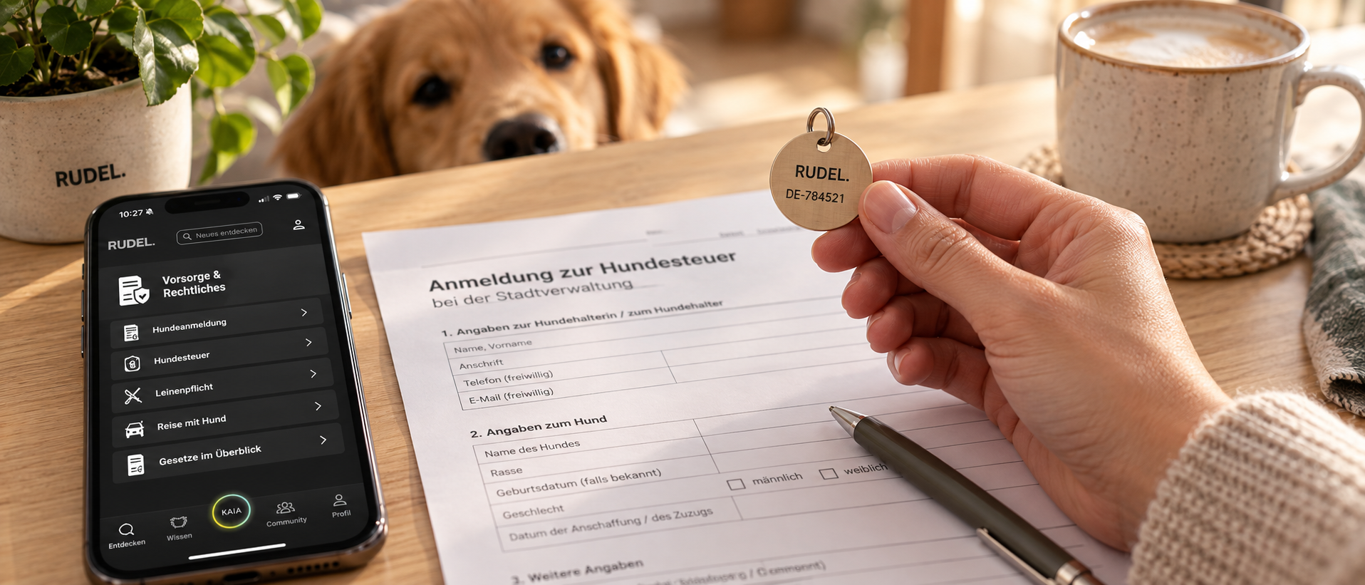 Eine Hand hält eine gravierte RUDEL Hundemarke mit Registriernummer über ein ausgefülltes Formular zur Anmeldung der Hundesteuer bei der Stadtverwaltung, daneben liegt ein Smartphone mit der RUDEL App und ein Welpe schaut zu