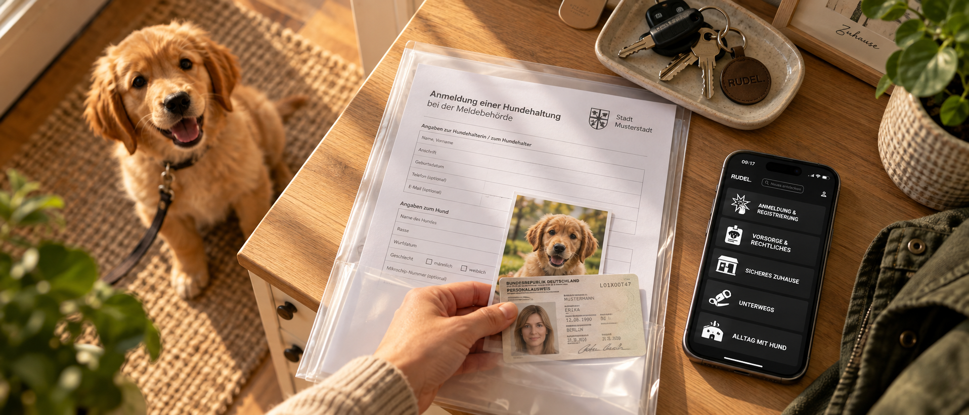 Eine Hand hält ein ausgefülltes Formular zur Anmeldung einer Hundehaltung bei der Meldebehörde zusammen mit Personalausweis und Welpenfoto in einer Klarsichthülle, während ein Smartphone mit der RUDEL App und ein Schlüsselbund danebenliegen und ein Welpe erwartungsvoll zusieht