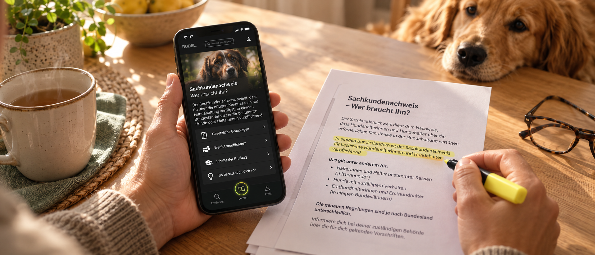 Eine Person hält ein Smartphone mit der RUDEL App zum Sachkundenachweis in der Hand und markiert parallel mit einem gelben Textmarker eine Passage auf einem ausgedruckten Informationsblatt zum Sachkundenachweis, während ein Hund am Tisch zusieht