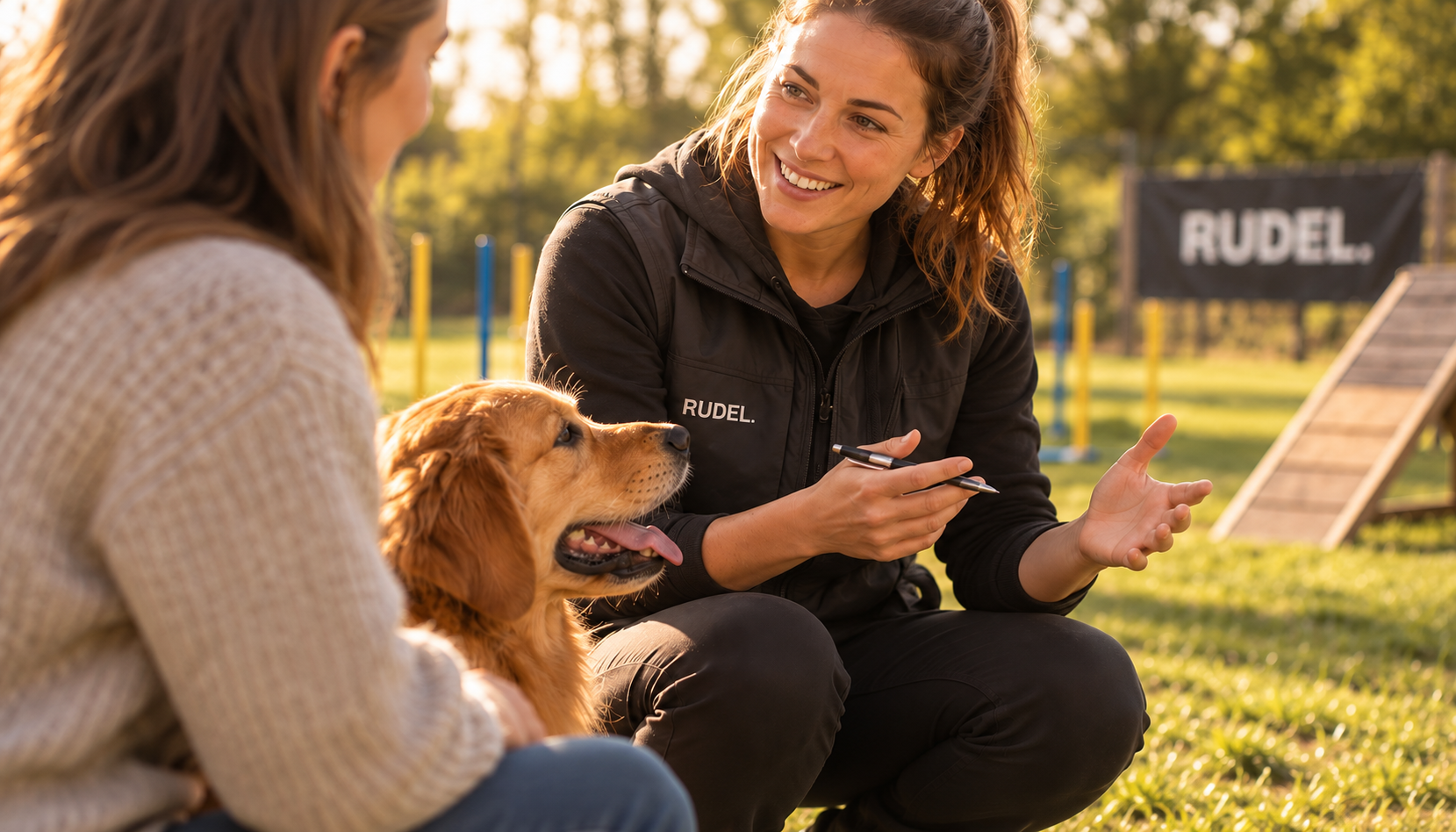 Eine RUDEL Trainerin erklärt lächelnd einer Frau mit ihrem Golden Retriever auf einem Trainingsplatz mit Hindernissen im Hintergrund den Ablauf zur Hundeführerschein-Prüfung