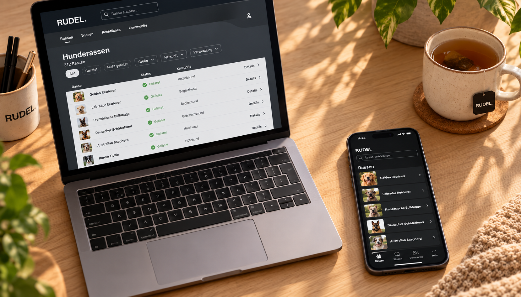 Auf einem Laptop und einem Smartphone ist jeweils eine Liste verschiedener Hunderassen mit Status-Kennzeichnung geöffnet, während im Hintergrund eine Tasse Tee steht