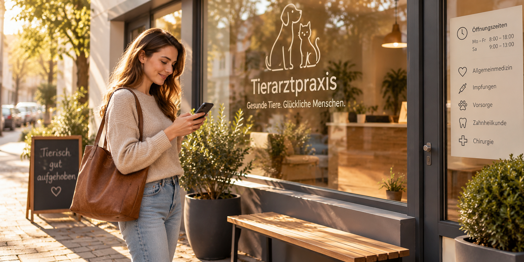 Eine Frau steht lächelnd vor einer hellen Tierarztpraxis mit Leistungsschild und schaut auf ihr Smartphone, während die Praxis im warmen Nachmittagslicht liegt