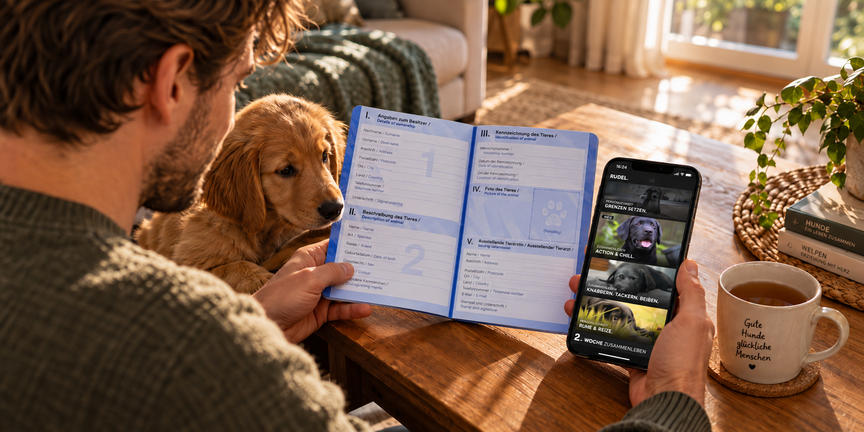 Ein Mann sitzt mit seinem Welpen auf dem Sofa und schaut in einen aufgeschlagenen Impfpass mit nummerierten Eintragsfeldern, während er zusätzlich ein Smartphone mit der RUDEL App in der Hand hält