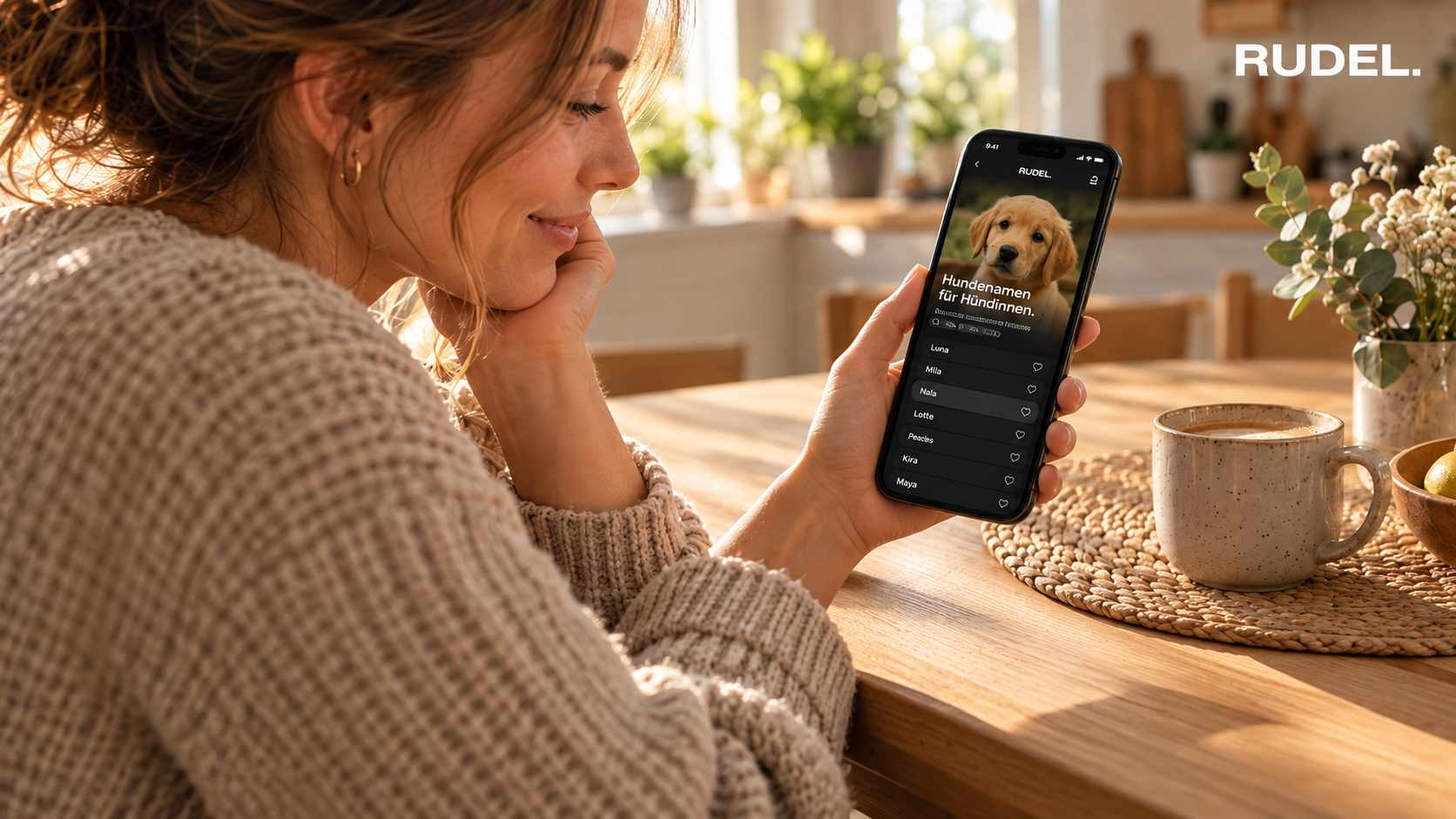 Eine Frau sitzt lächelnd am Küchentisch und schaut auf ihr Smartphone, auf dem in der RUDEL App eine Namensliste für Hündinnen mit einem Welpenfoto angezeigt wird, daneben steht eine Tasse Kaffee