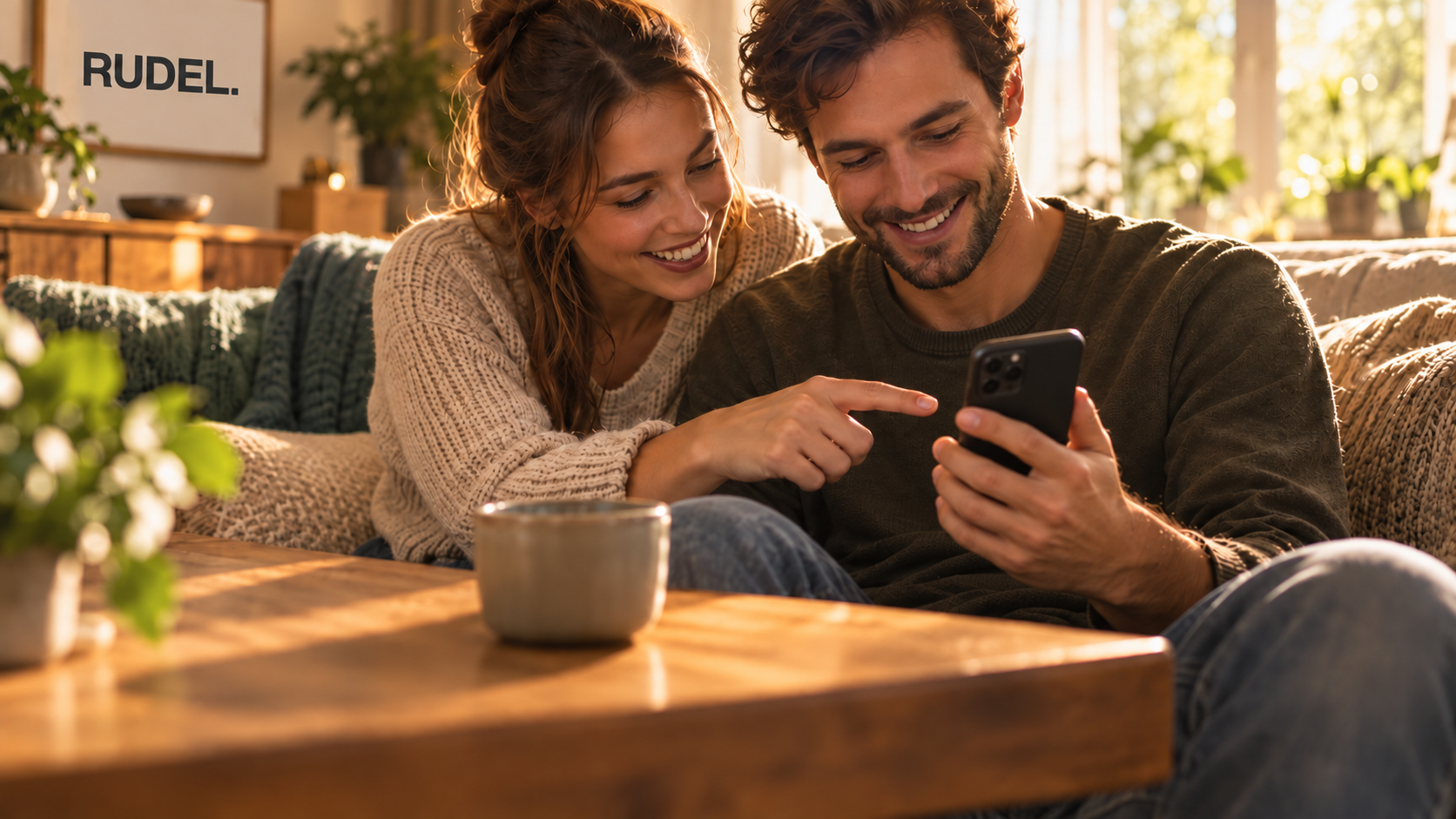 Ein Paar sitzt lächelnd auf dem Sofa und schaut gemeinsam auf ein Smartphone, die Frau zeigt mit dem Finger auf den Bildschirm, während im Hintergrund ein RUDEL Bild an der Wand hängt