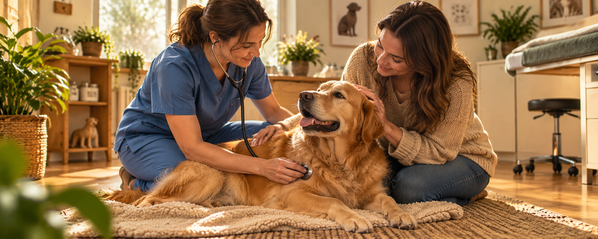 Eine Tierärztin hört einen Golden Retriever mit dem Stethoskop ab, während die Halterin neben ihm kniet und ihn beruhigt