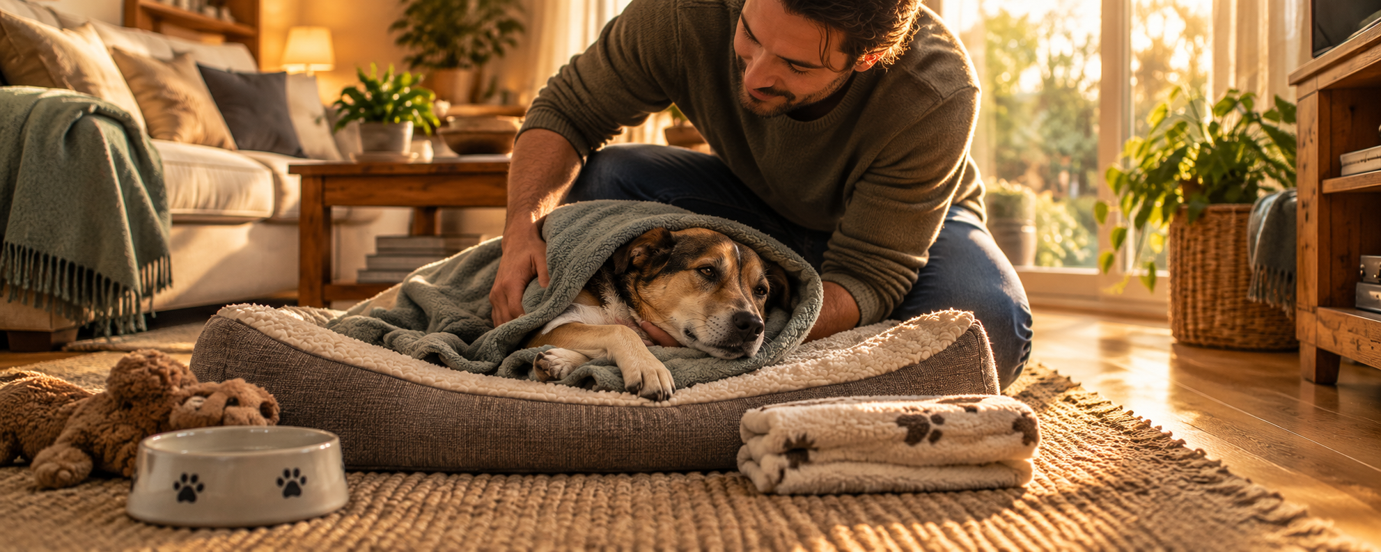 Ein Mann deckt seinen Hund, der in einem gepolsterten Hundebett liegt, sanft mit einer Decke zu