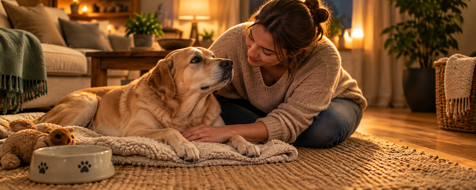 Eine Frau sitzt abends eng an ihren auf einer Decke liegenden Hund gekuschelt und schaut ihm ruhig in die Augen