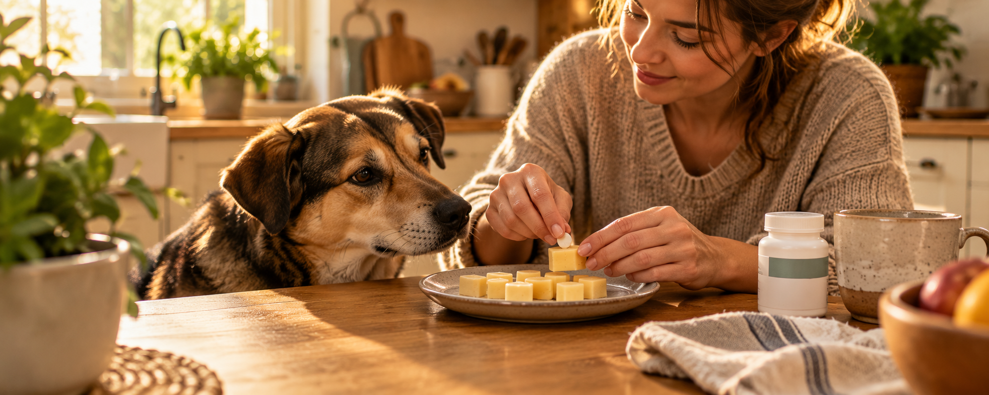 Eine Frau reicht ihrem Hund am Tisch kleine Käsestücke, in denen eine Tablette versteckt ist, während eine Medikamentendose danebensteht