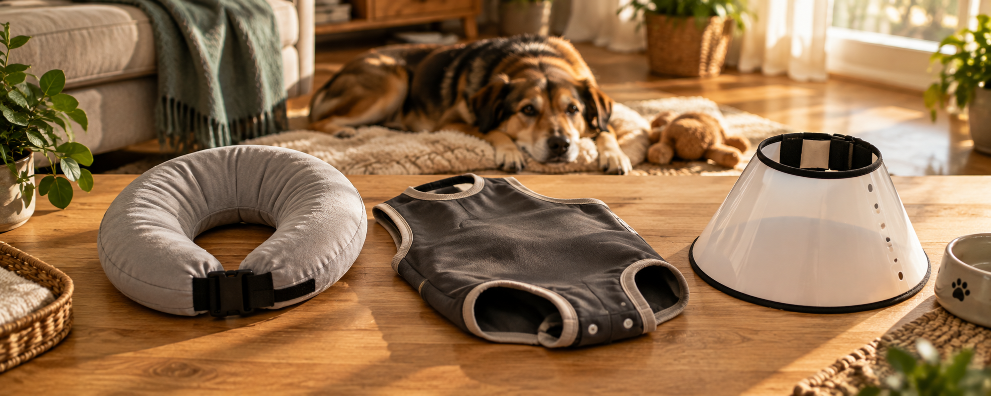 Ein aufblasbarer Schutzring, ein Body und ein klassischer Trichterkragen liegen nebeneinander auf einem Holztisch, während im Hintergrund ein Hund auf einem Fell ruht
