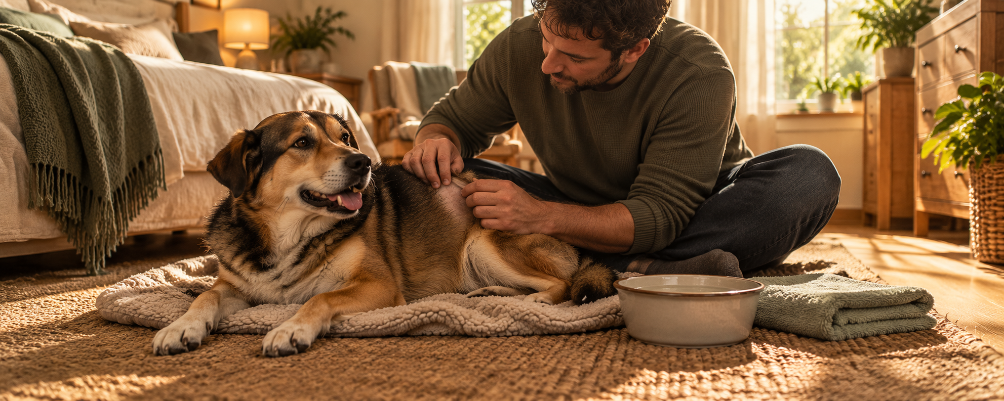 Ein Mann sitzt auf einem Teppich und tastet vorsichtig die Seite seines liegenden Hundes ab, während der Hund entspannt wirkt und eine kleine Schüssel danebensteht