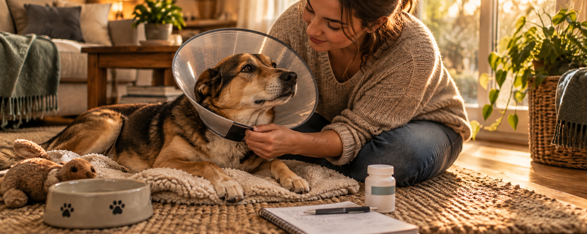 Eine Frau setzt ihrem Hund einen Trichterkragen auf, während auf dem Tisch eine Checkliste und eine Medikamentendose bereitliegen und der Hund im Hintergrund ruht