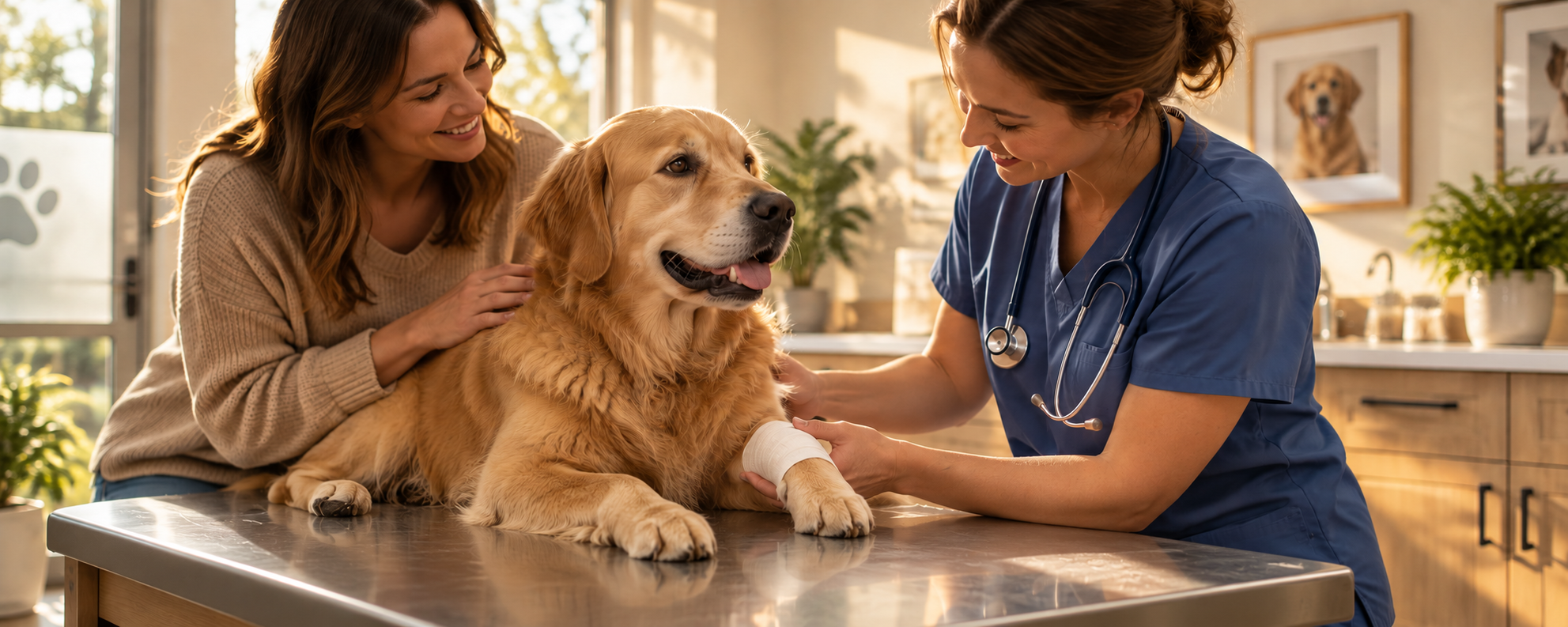 Eine Tierärztin verbindet in der Praxis die Pfote eines Golden Retrievers, während die Halterin den Hund beruhigend streichelt