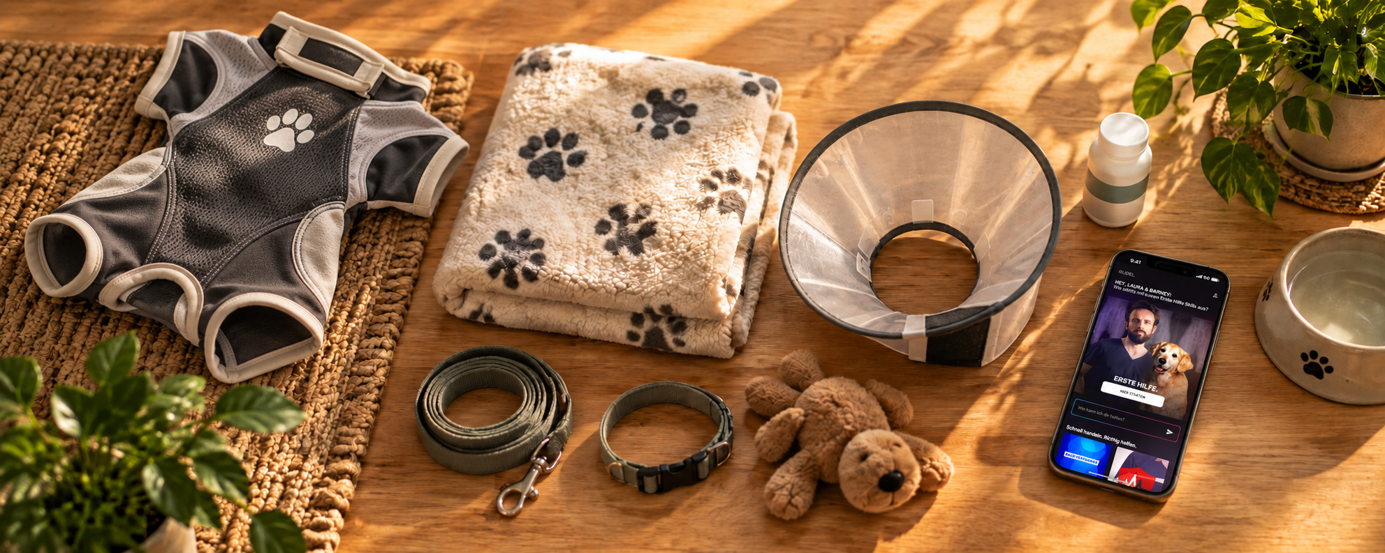 Ein Body, eine Decke mit Pfotenmuster, ein Trichterkragen, Leine und Halsband, ein Kuscheltier und ein Smartphone mit der RUDEL App liegen zusammen auf einem Holztisch