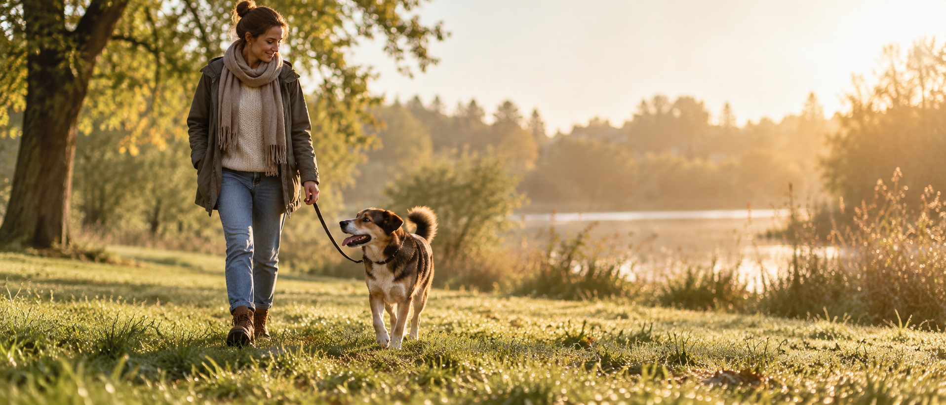 Eine Frau geht mit ihrem angeleinten Hund über eine sonnige Wiese am See entlang