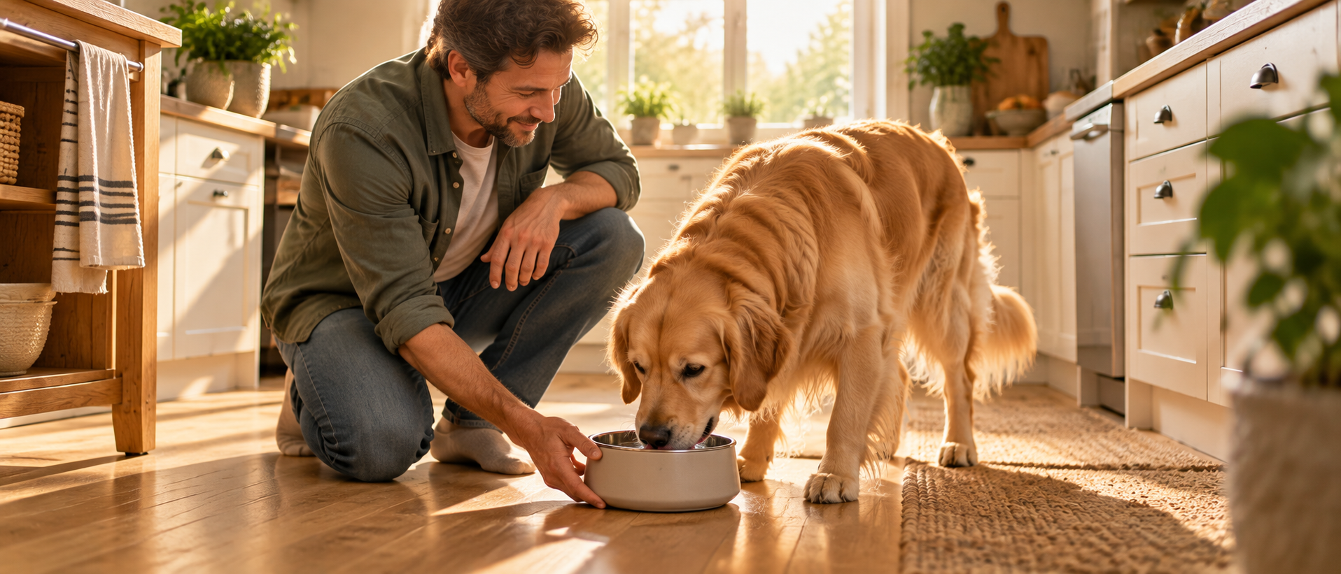 Ein Mann kniet in der Küche neben seinem Golden Retriever, der aus einem Napf frisst