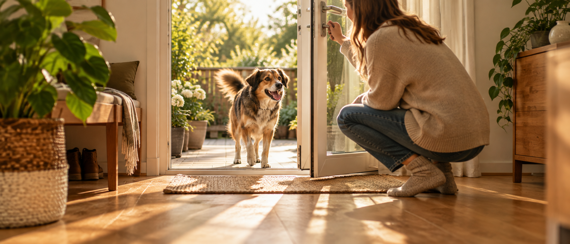 Eine Frau kniet an der offenen Terrassentür und ruft ihren Hund, der im Garten steht, ins Haus