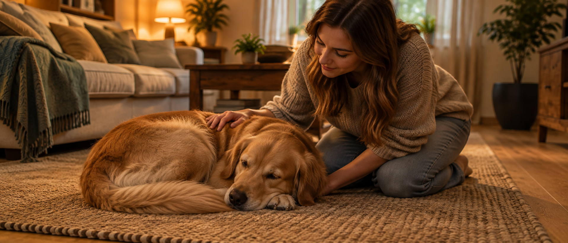 Eine Frau kniet neben ihrem schlafenden Golden Retriever auf einem Teppich und streichelt ihn sanft