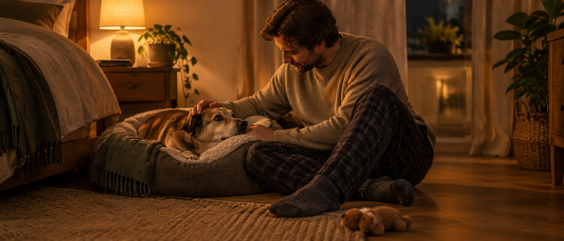 Ein Mann sitzt abends im Schlafzimmer, während sein Hund seinen Kopf vertrauensvoll auf sein Bein legt