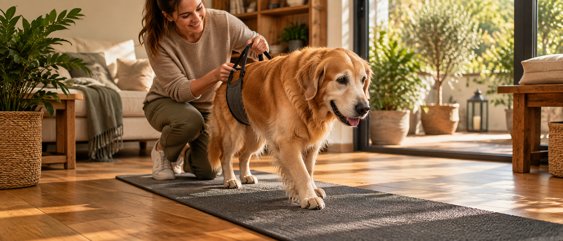 Eine Frau kniet in der Wohnung und legt ihrem Golden Retriever ein Geschirr an, bevor sie mit ihm nach draußen geht