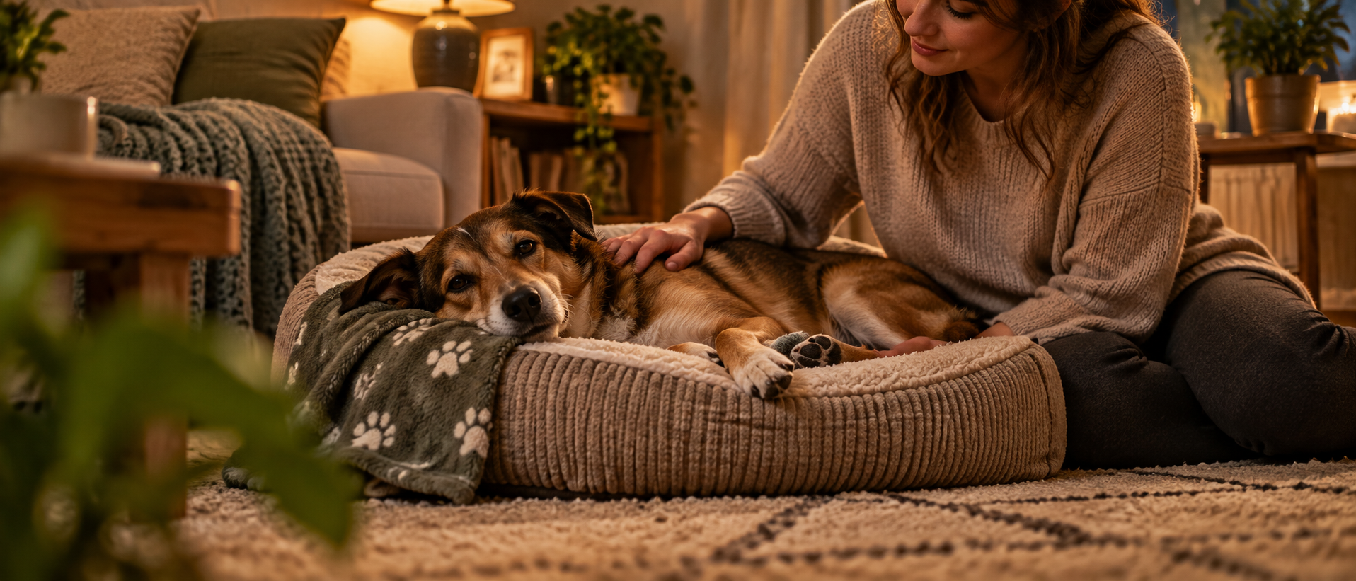 Eine Frau sitzt abends auf dem Boden neben ihrem in einem Hundebett liegenden Hund und streichelt ihn behutsam