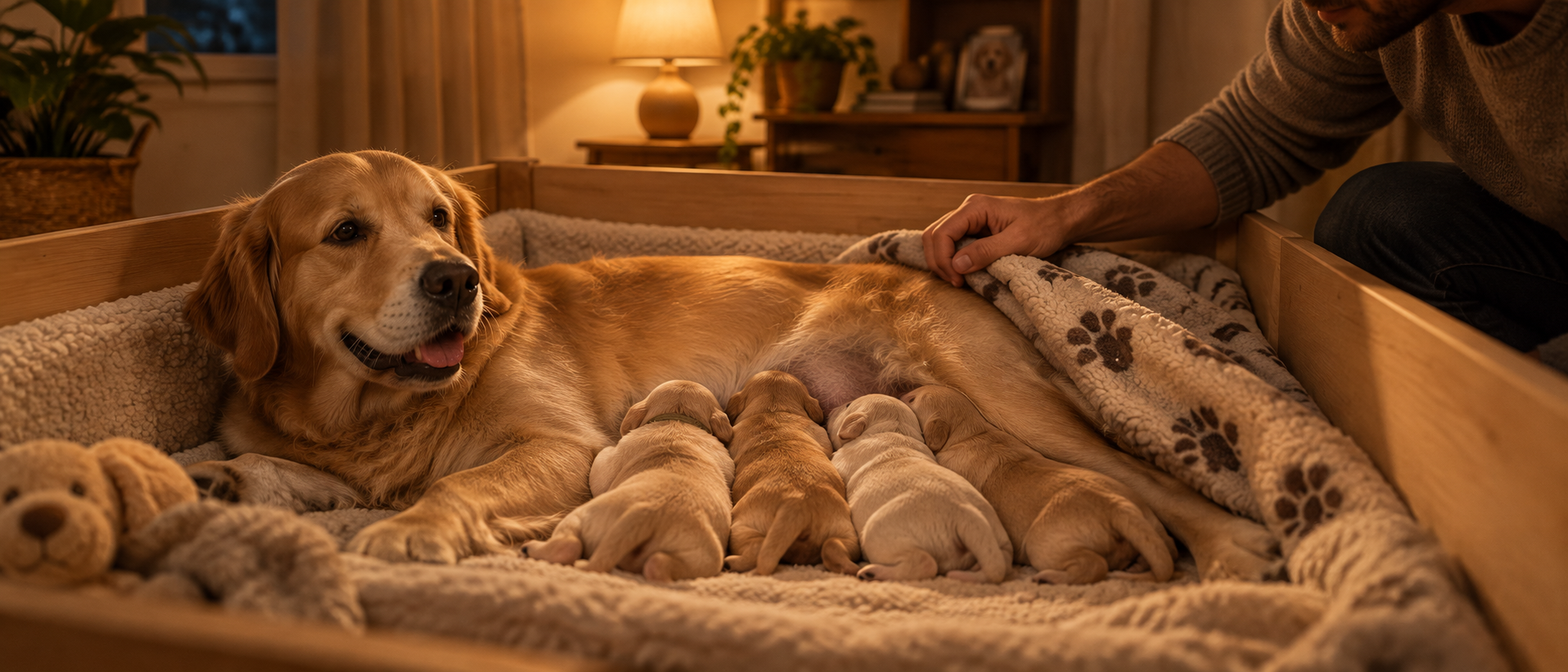 Eine Golden-Retriever-Hündin liegt mit ihren neugeborenen Welpen in einer Wurfkiste, während eine Hand sie sanft beruhigt