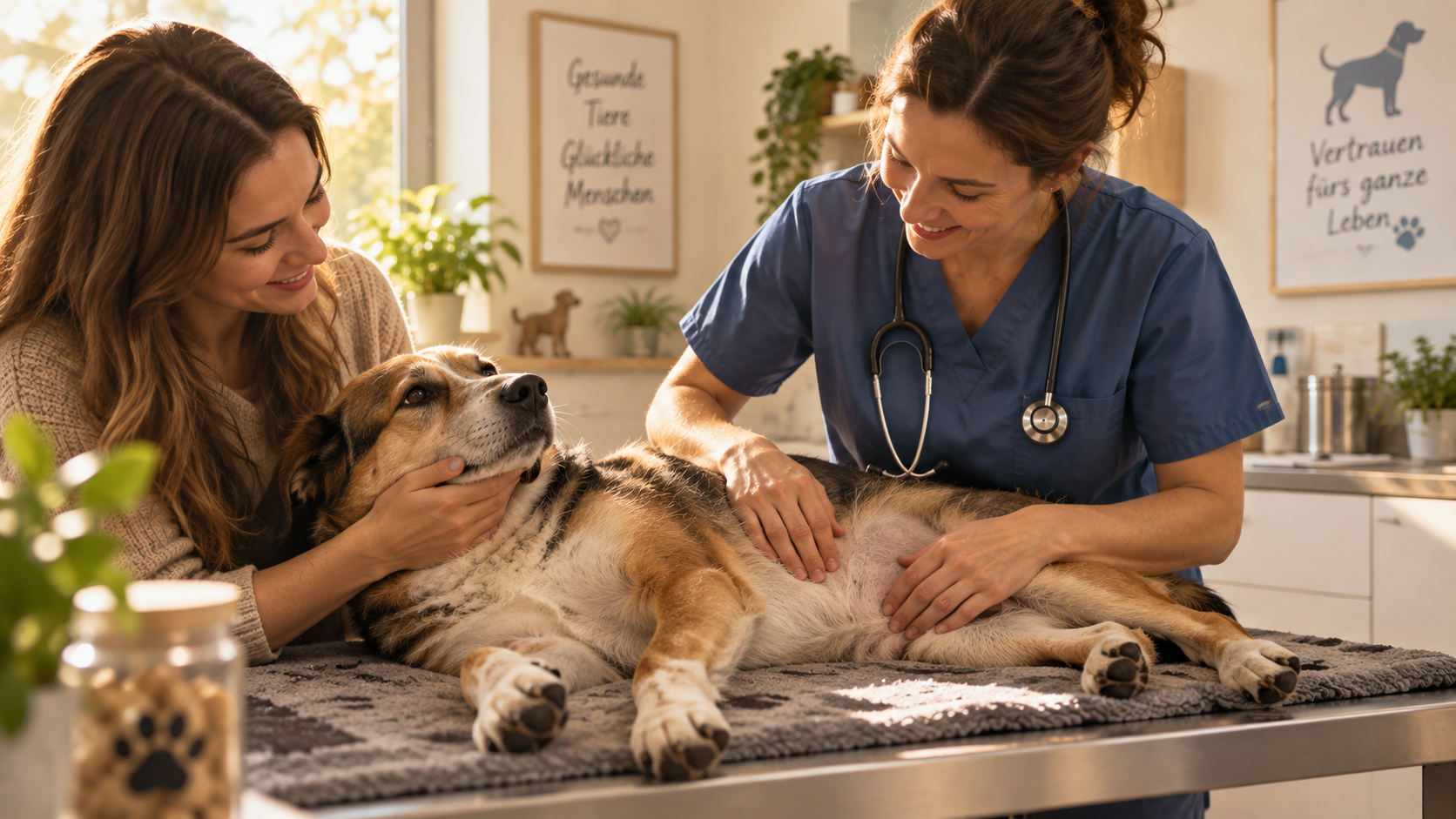 Eine Tierärztin und die Halterin untersuchen gemeinsam einen Hund auf dem Behandlungstisch in einer hellen Praxis