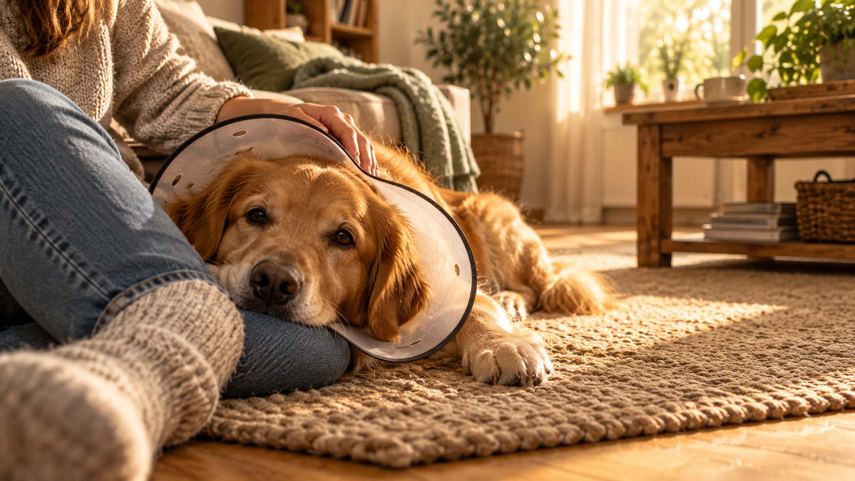 Ein Golden Retriever mit weichem Schutzkragen legt seinen Kopf auf den Schoß seiner Halterin, die in Wollsocken auf dem Boden sitzt