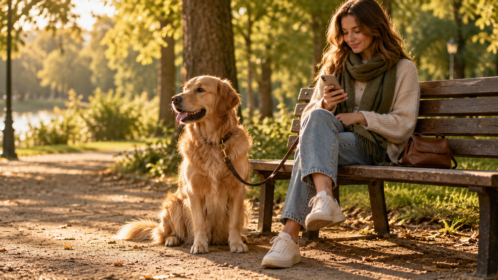 Eine Frau sitzt mit ihrem Golden Retriever auf einer Parkbank und schaut auf ihr Smartphone