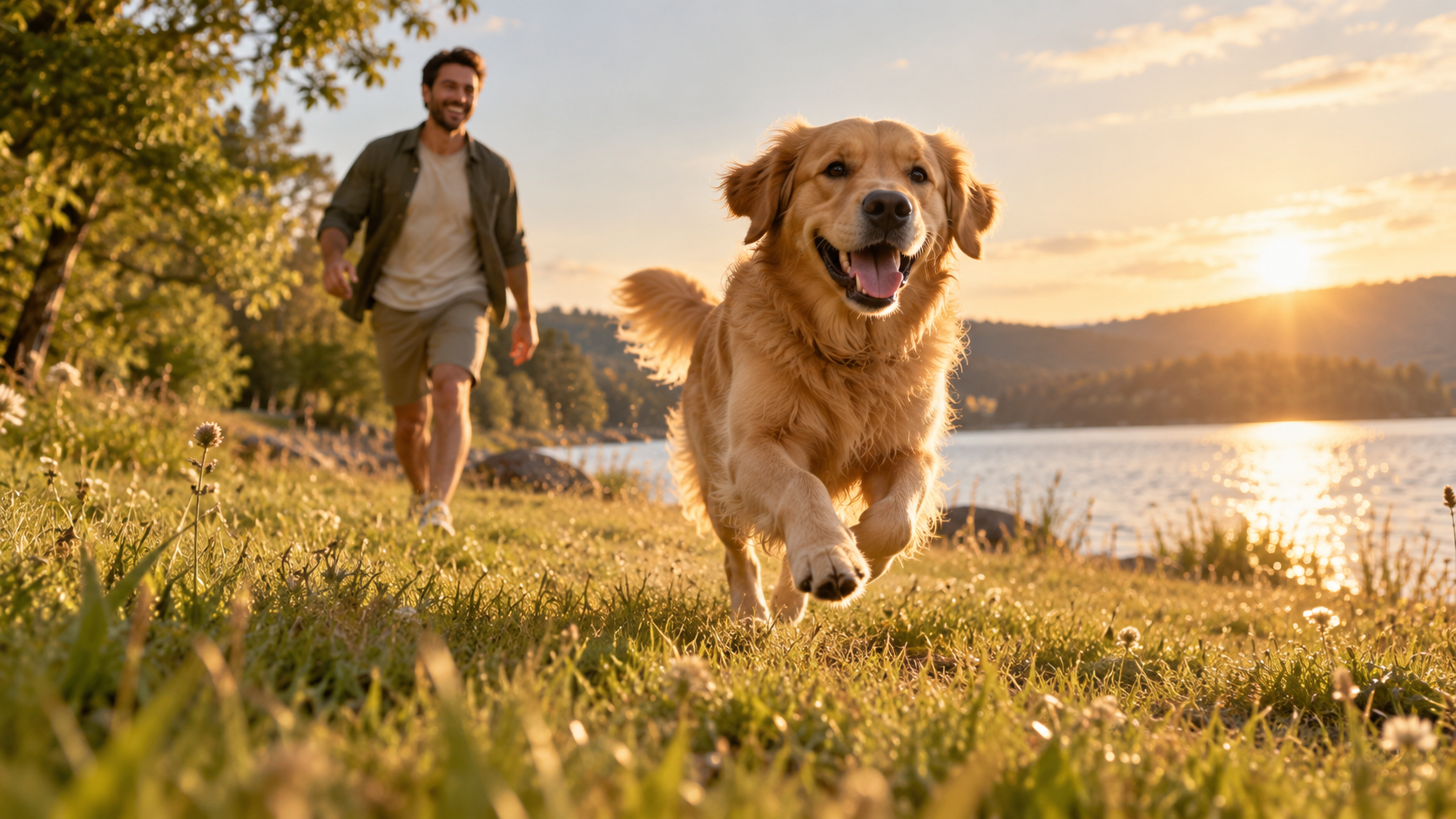 Ein Golden Retriever läuft freudig über eine Wiese am See, im Hintergrund folgt sein Besitzer