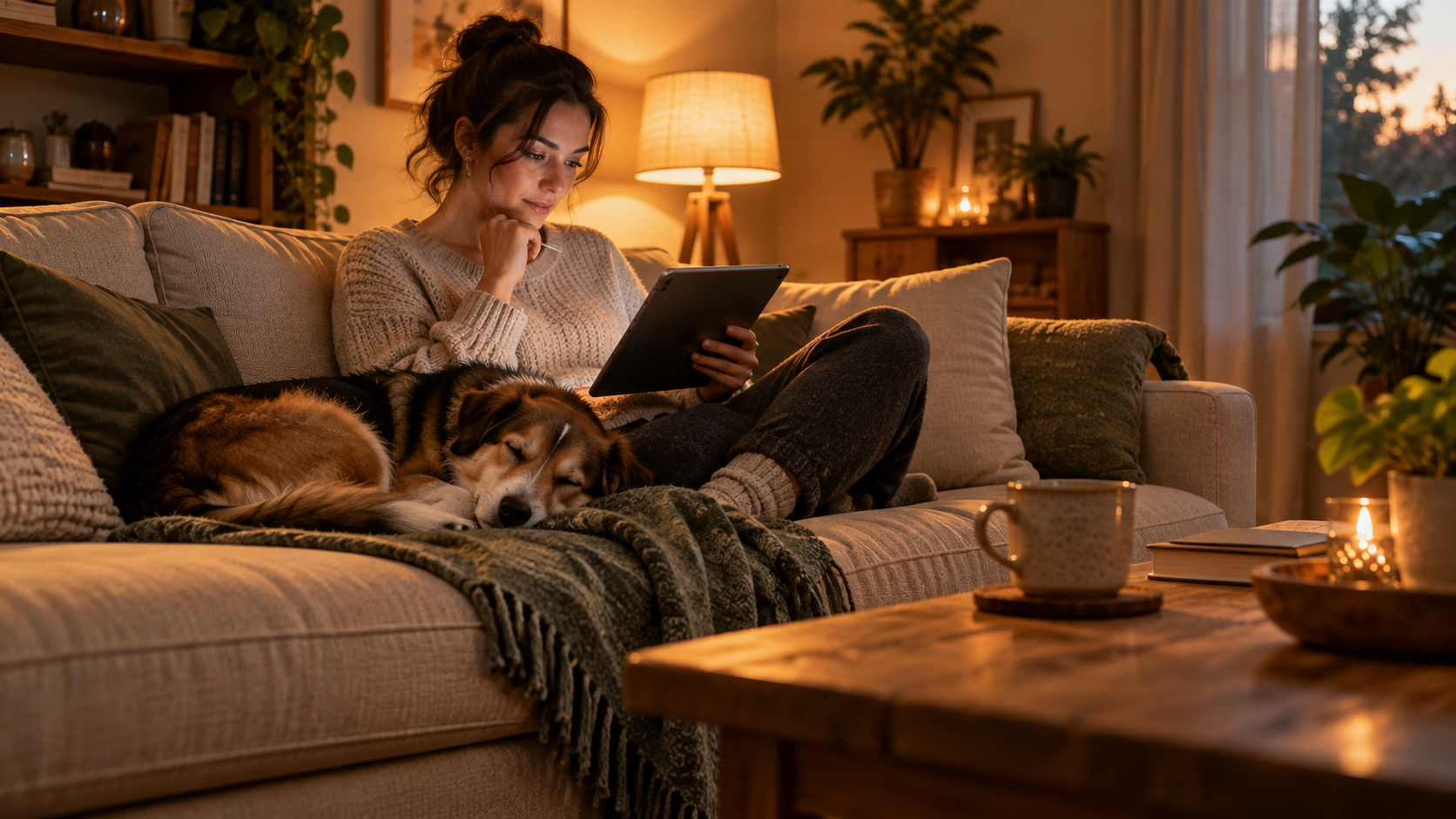 Eine Frau sitzt abends mit einem Tablet auf dem Sofa, ihr Hund schläft neben ihr