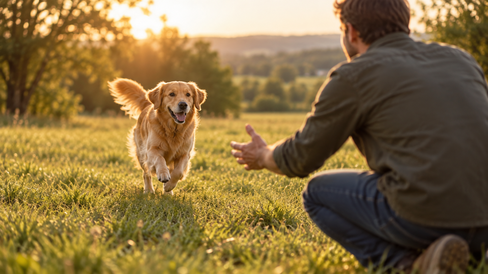 Ein Golden Retriever läuft freudig auf die ausgestreckte Hand seines Besitzers zu