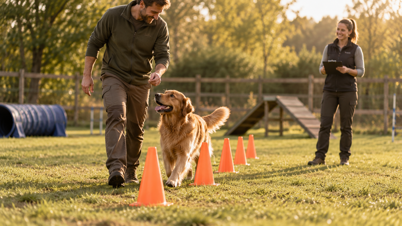 Ein Mann führt seinen Golden Retriever an Hütchen vorbei, während eine Prüferin mit Klemmbrett das Verhalten beobachtet